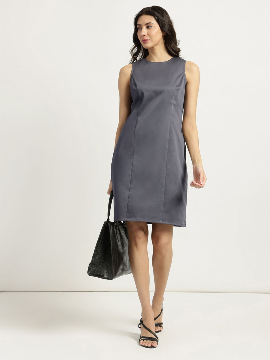 FableStreet  Women Crew Neck Charcoal Grey Shift Dress