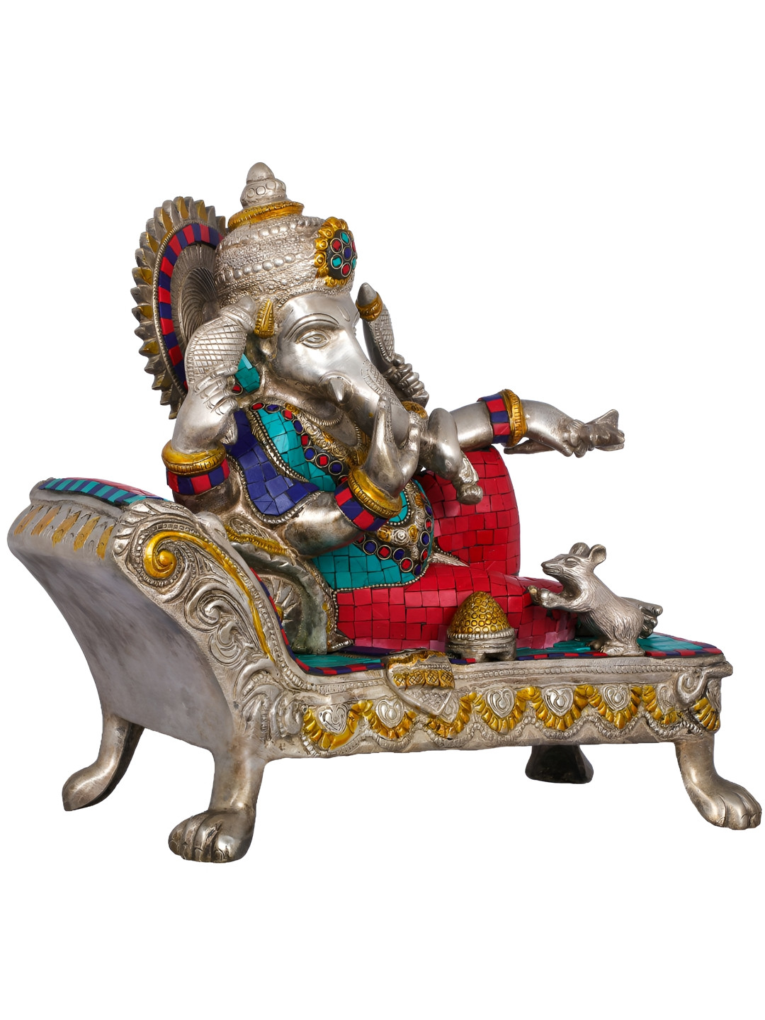 Exotic India Silver-Toned Ganesha Idol Relaxing on a Recliner Religious Idol Showpiece