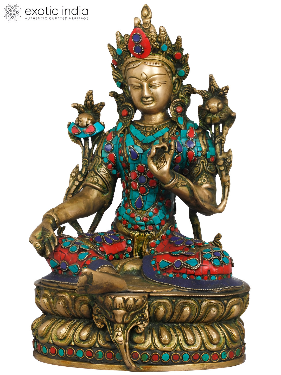 Exotic India Gold-Toned & Red Tibetan Buddhist Deity Idol Showpiece