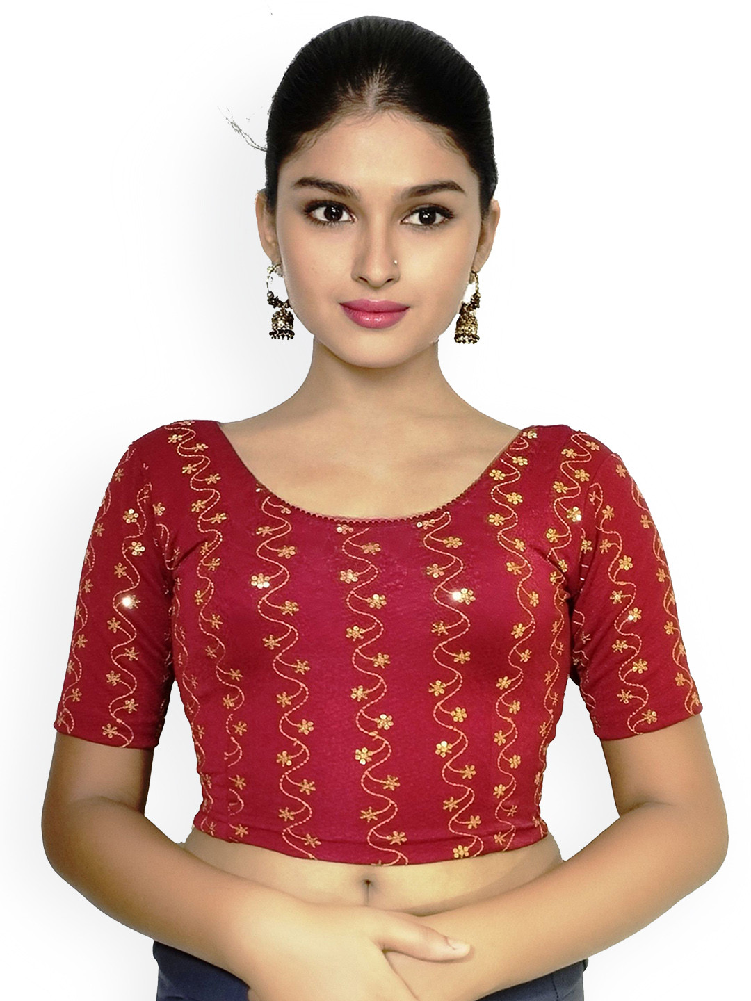 PU FASHION Plus Size Embroidered Round Neck Stretchable Saree Blouse