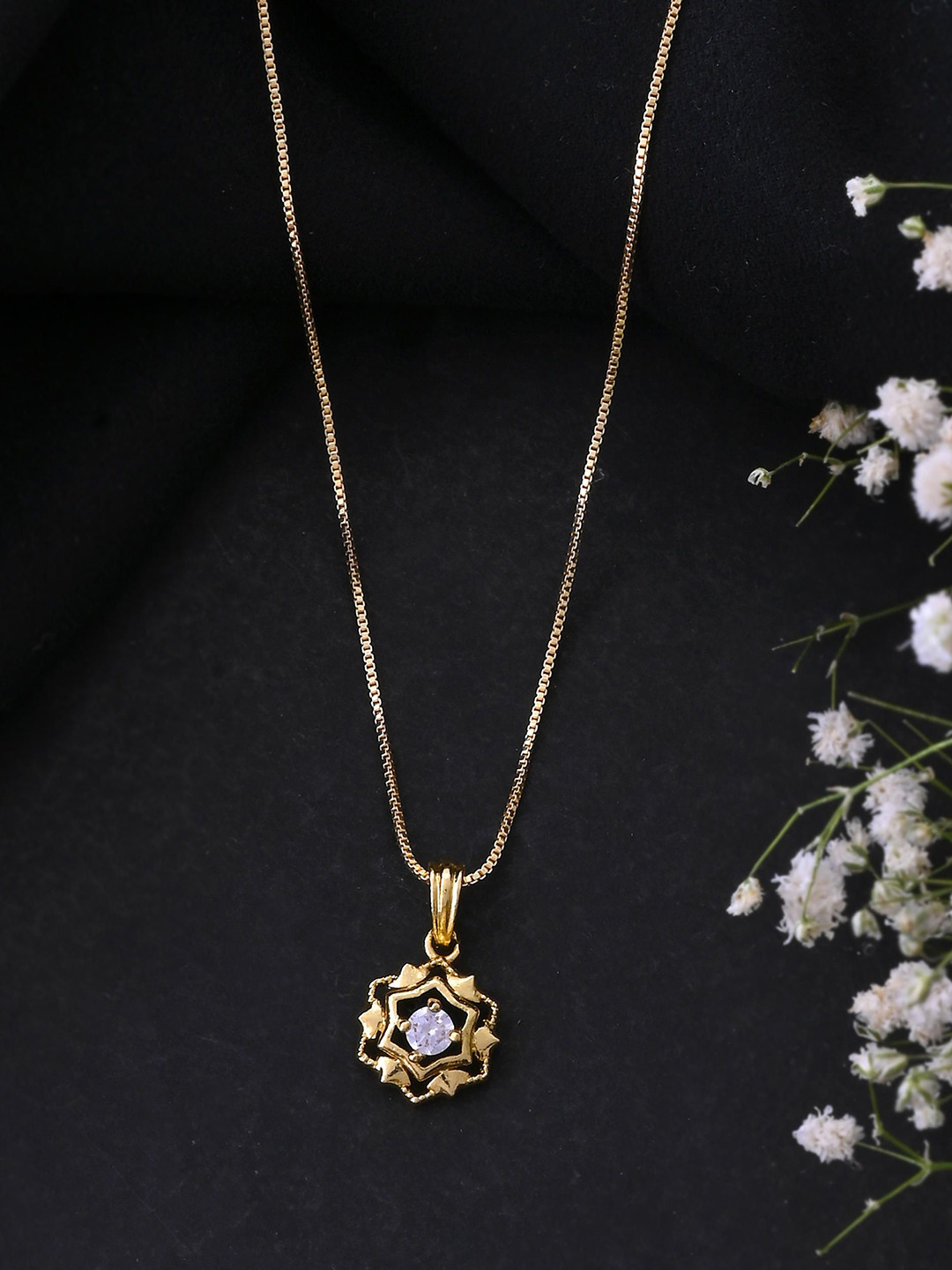 VOJ Gold Plated Flower Shaped American Diamond Studded Pendant With Chain