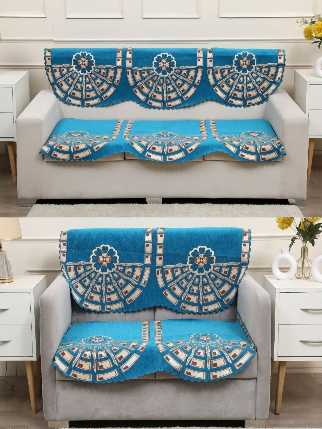 Fashion Throw Pack of 4 Turquoise Blue & Brown Printed Jacquard Sofa Cover