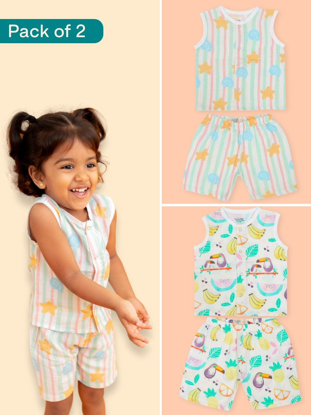 A Toddler Thing Seaside Punch Kids Pack Of 2 Printed Muslin Jablas With Shorts