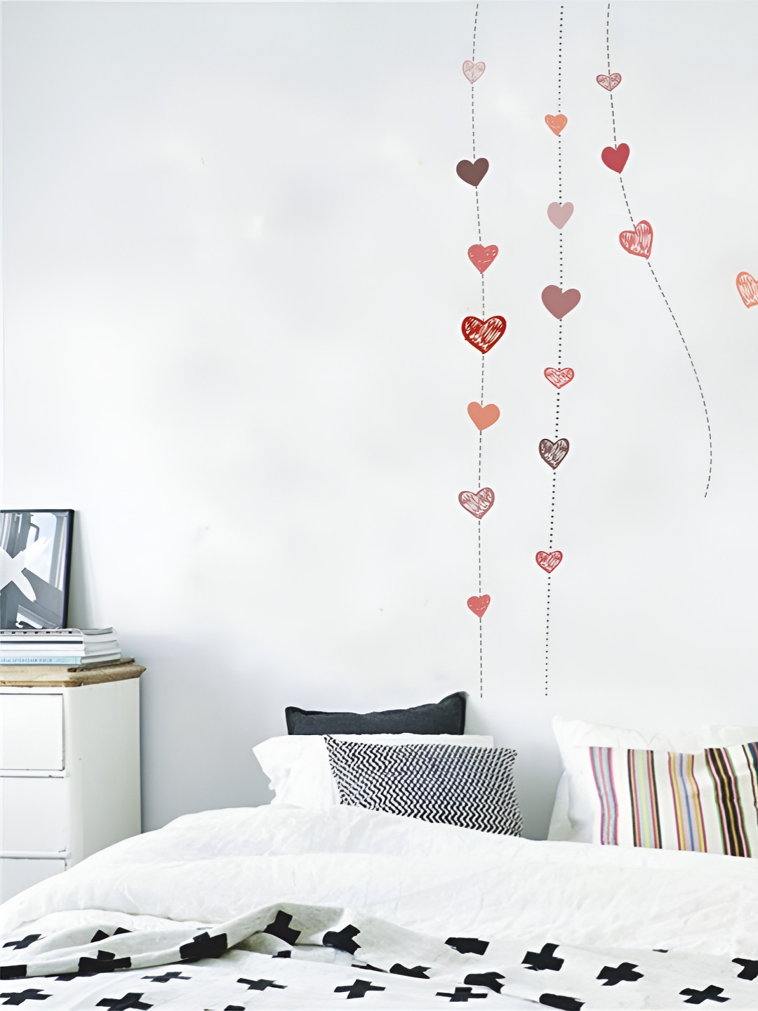 Aura Orange & Red Bird & Hanging Hearts Printed Self Adhesive Wall Sticker