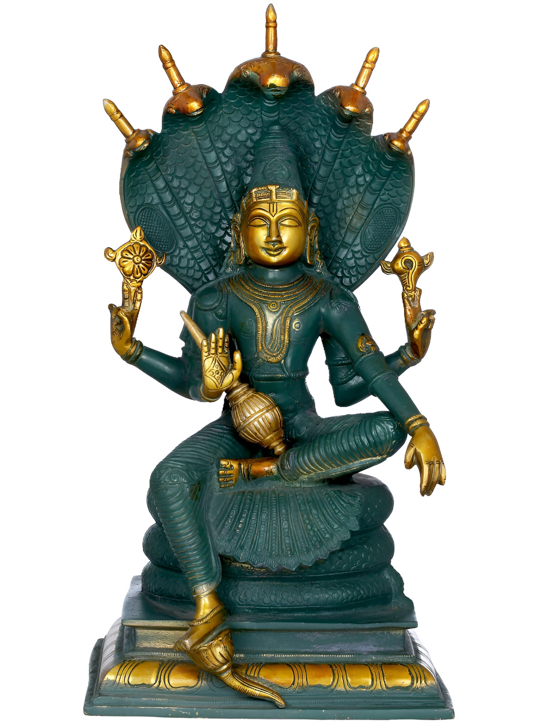 Exotic India Gold Toned & Green Lord Vishnu Religious Brass Idol Showpiece
