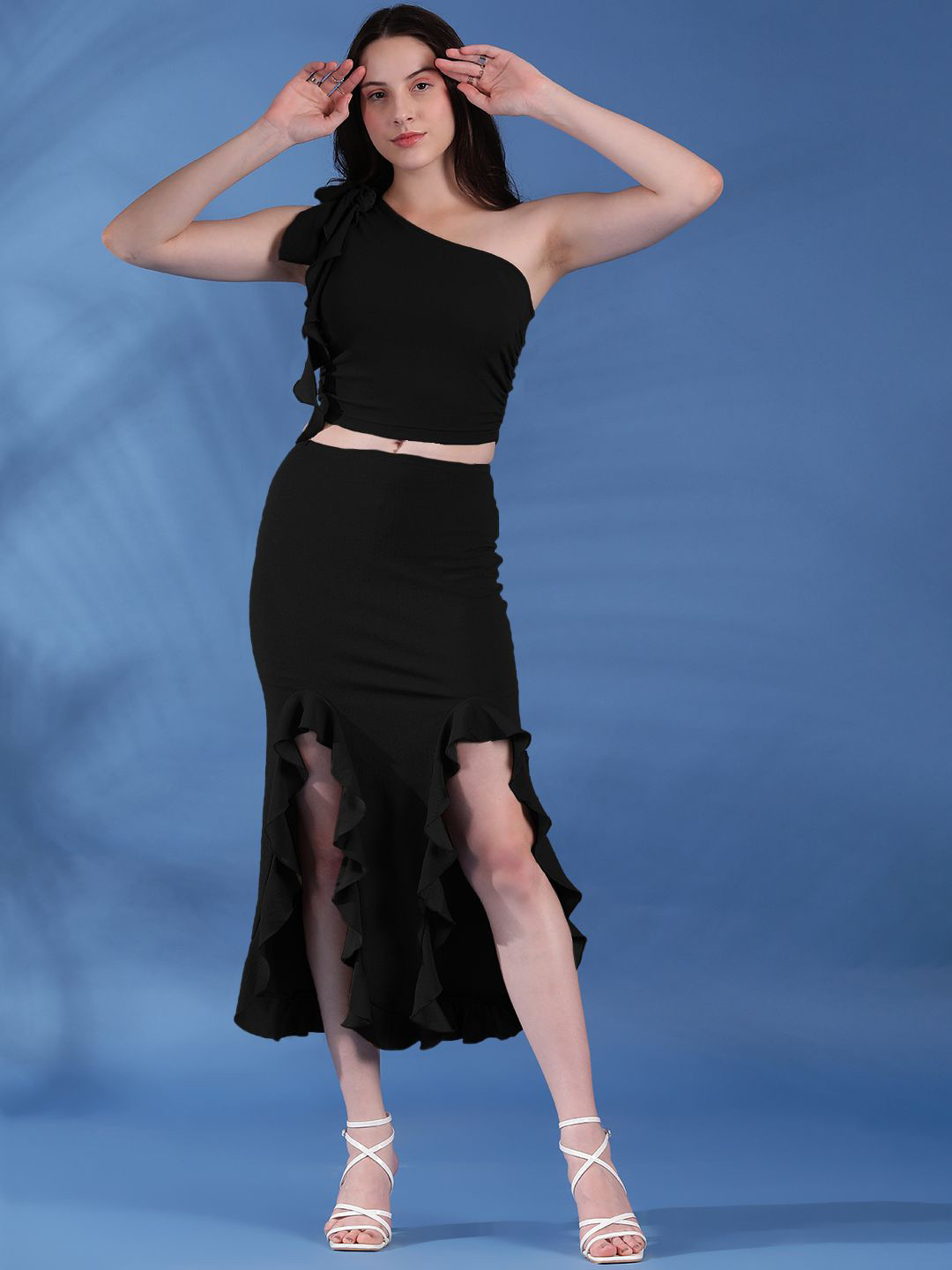 StyleCast X Kotty One Shoulder Neck Crop Top With Frill Skirt Co-ord Set
