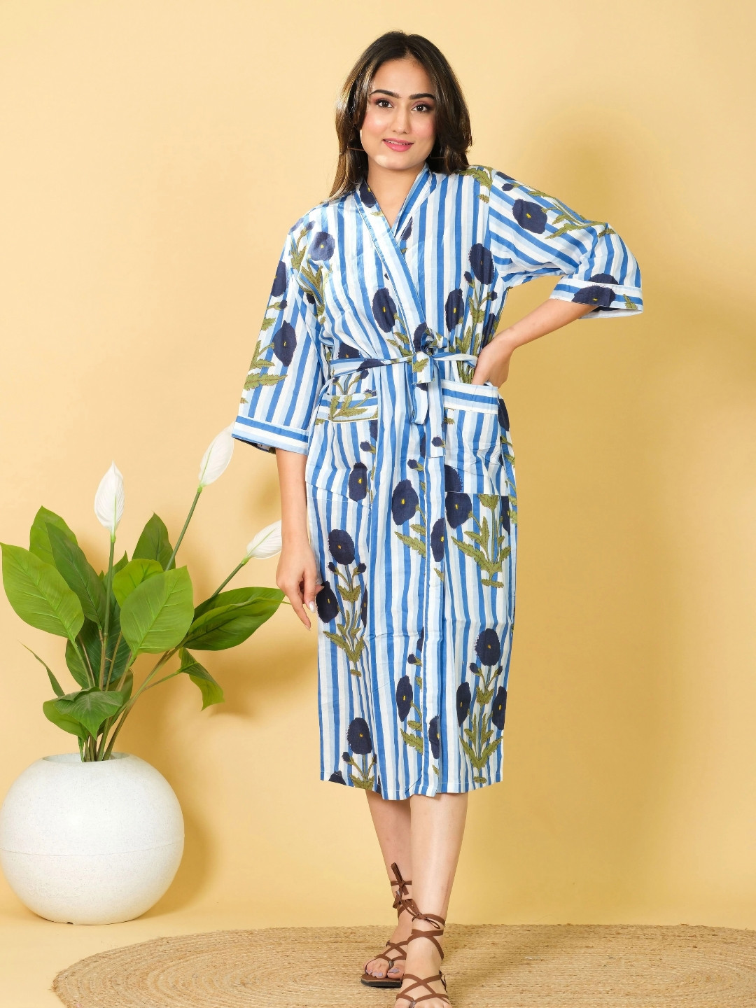 Marika Kimono, Mughal Printed Blue Floral Cotton Drawstring Midi Bath Robe