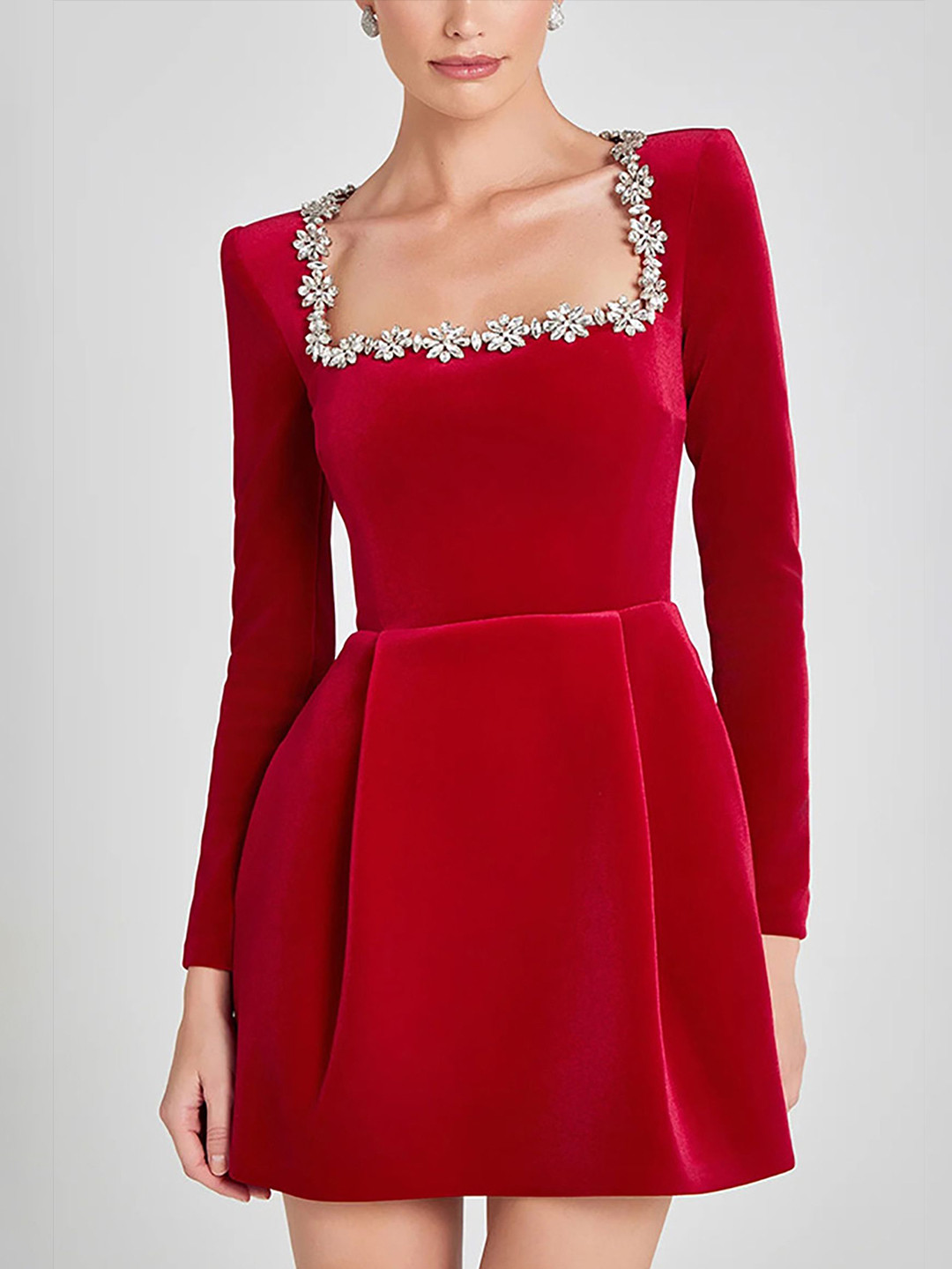 bebe Red Rhinestone Embellished Square Neck Long Sleeve Fit & Flare Mini Dress