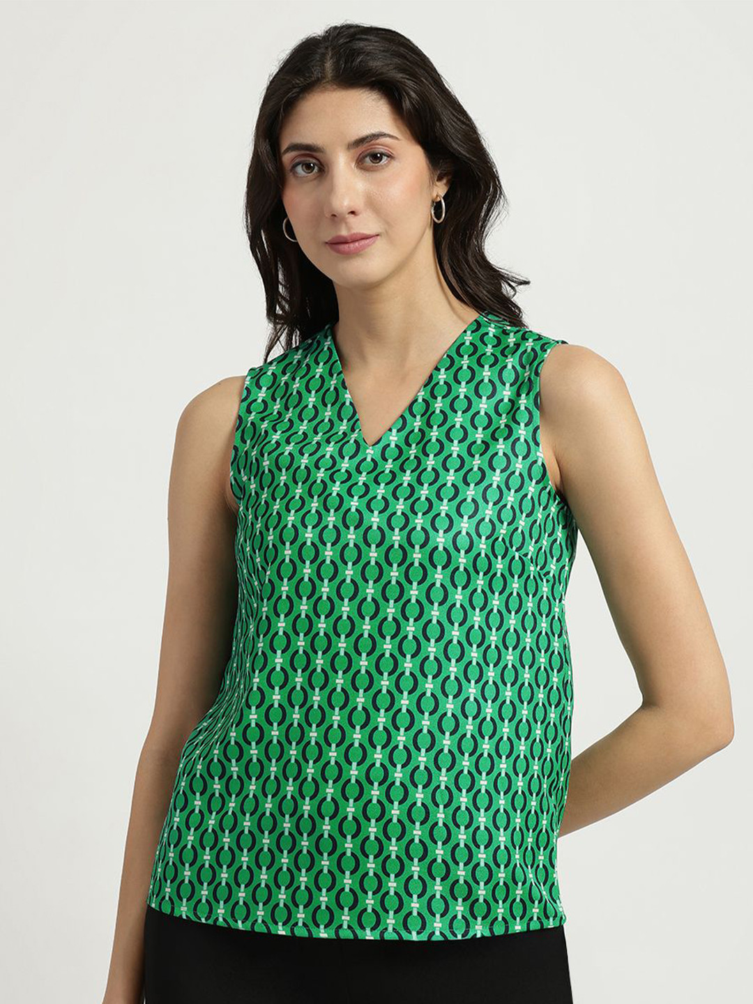 FableStreet V-Neck Printed Regular Green Top
