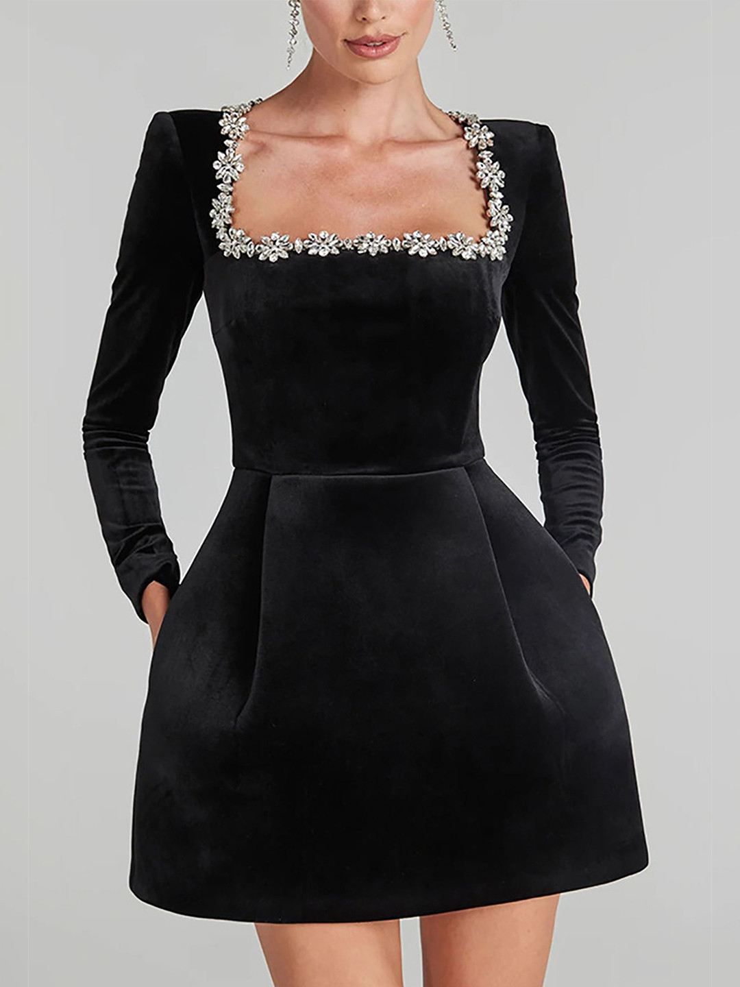 bebe Black Rhinestone Embellished Square Neck Long Sleeve Fit & Flare Mini Dress