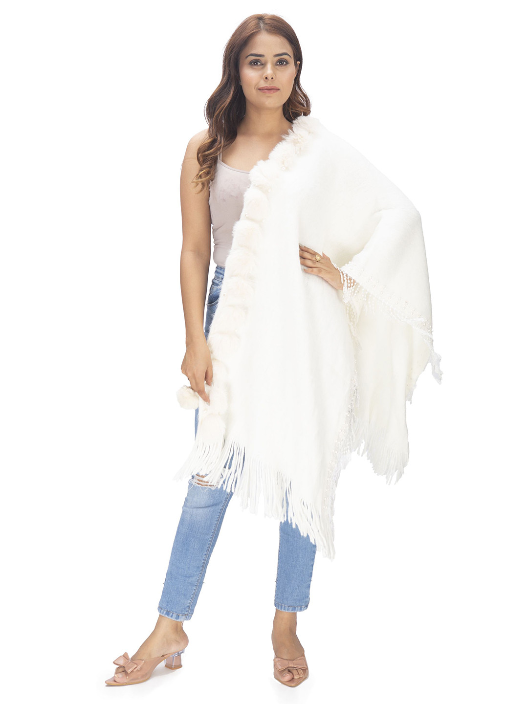 Manra Ball Details Pure Woolen Tasselled Border Shawl