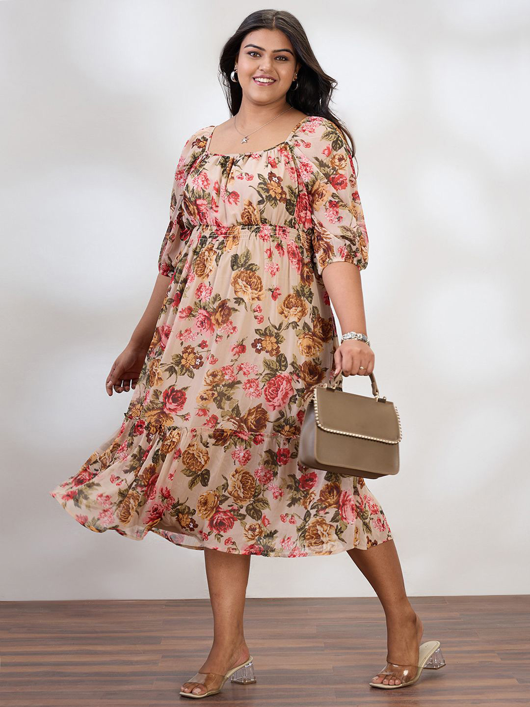 Globus Gloplus Square Neck Raglan Sleeves Floral Smocked Plus Size Fit & Flare Midi Dress