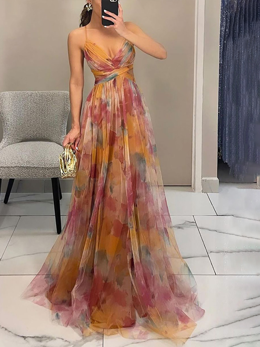 bebe Printed Spaghetti Strap Cutout Criss-Cross Back Fit & Flare Maxi Dress