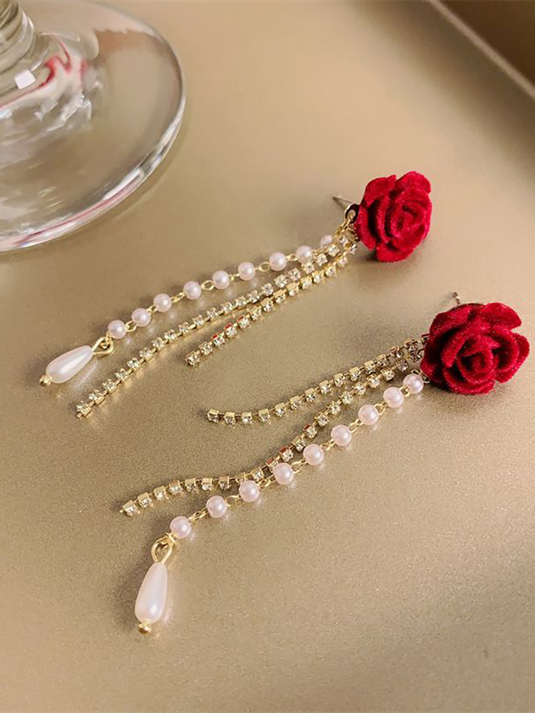 DIVASTRI Gold Plated Pearls Beaded  Chandelier Floral Korean Drop Earrings