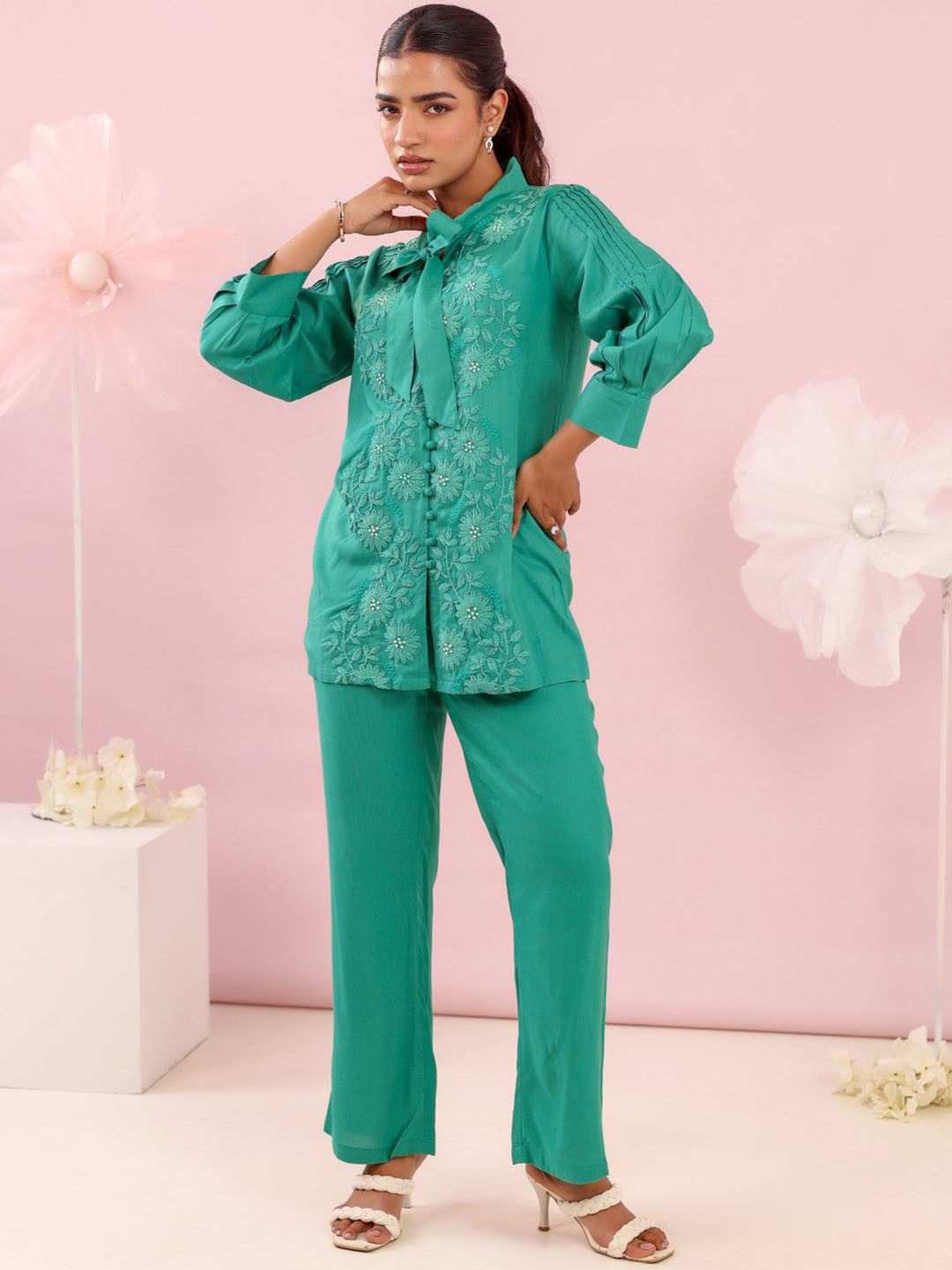 AUTUMN LANE Women Teal Purna Emerald Cotton Shirt With Trousers Co-Ord Set