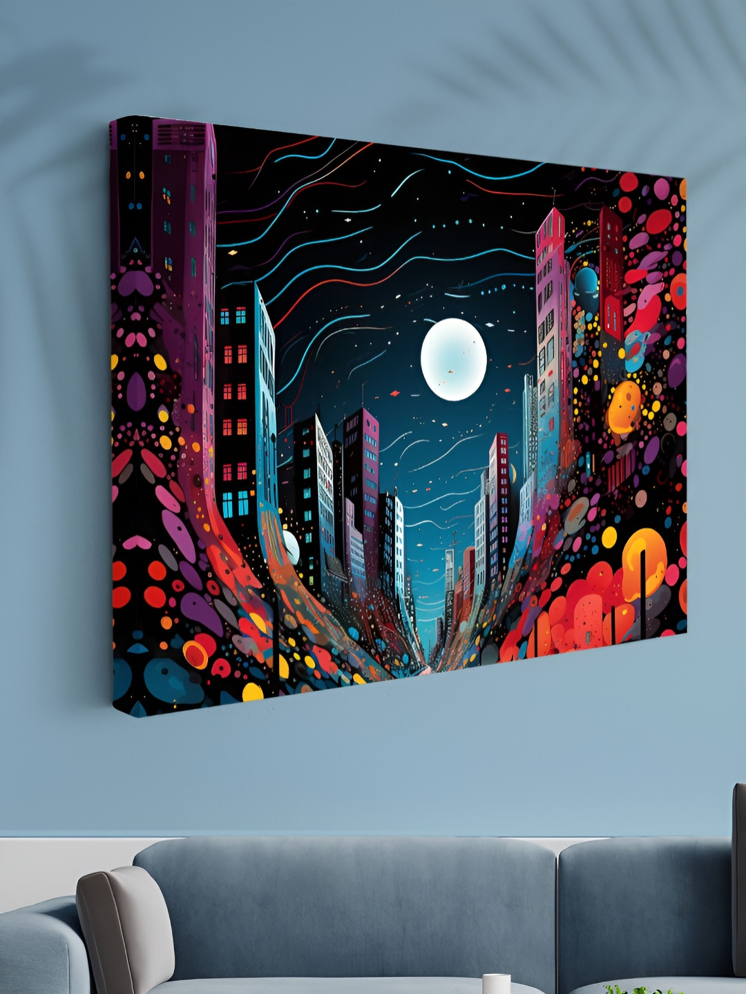 Aura Cityscape Blue Canvas Wall Living Room Rectangle Paintings Wall Art -24.02 x 18.11In