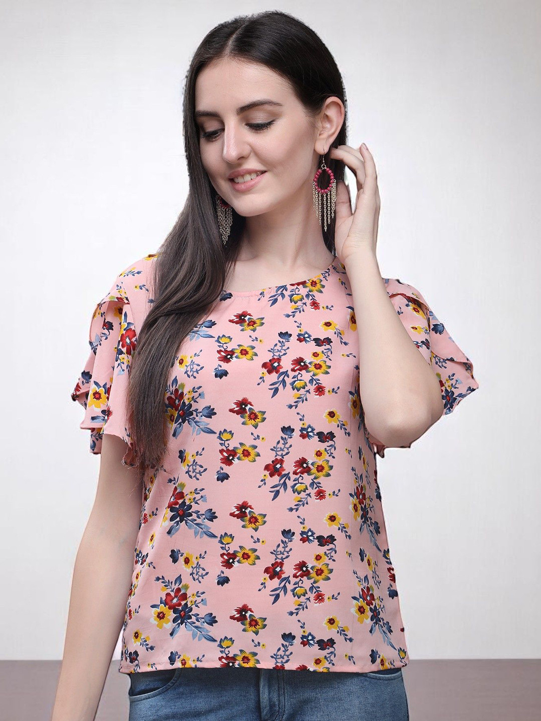 OOMPH! FACTOR Women Floral Print Flutter Sleeve Top