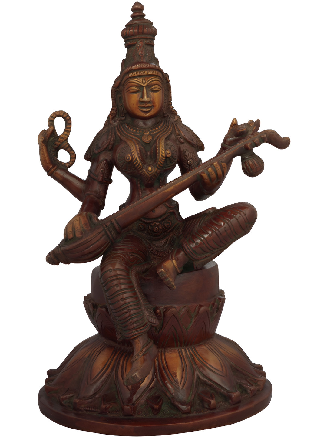 Exotic India Double Chola Brown & Gold Toned Goddess Saraswati Brass Idol Showpiece