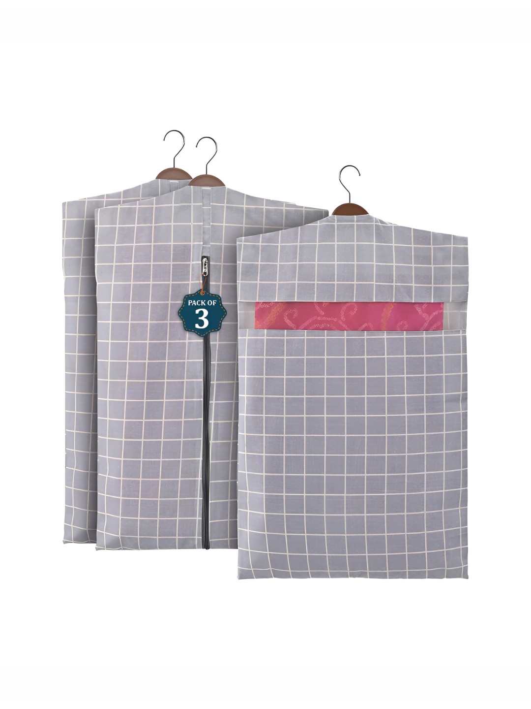 Aura Grey & White 3 Pieces Checked Cotton Hanging Saree Storage Covers  Organisers
