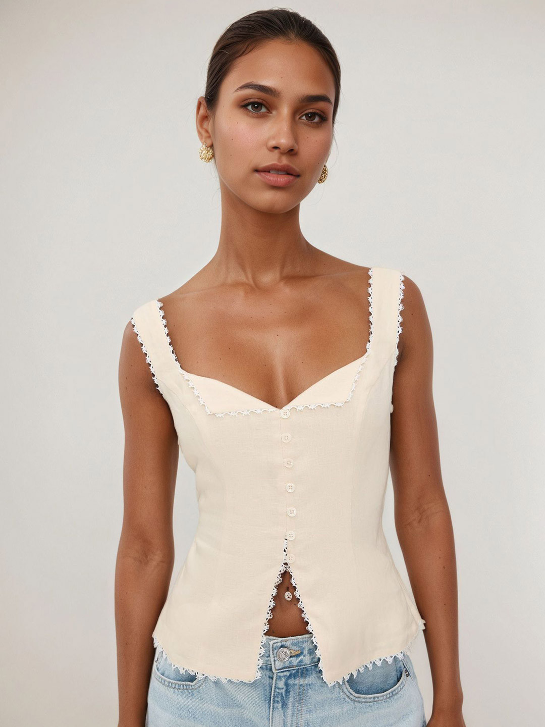 bebe Off-White Shoulder Strap Lace Trim Top