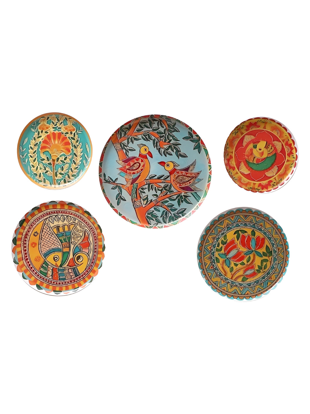 Amaya Decors Fish & Bird Metal Crafted Ceramics Glossy Hanging Hall 5Pcs Wall Plates-8In