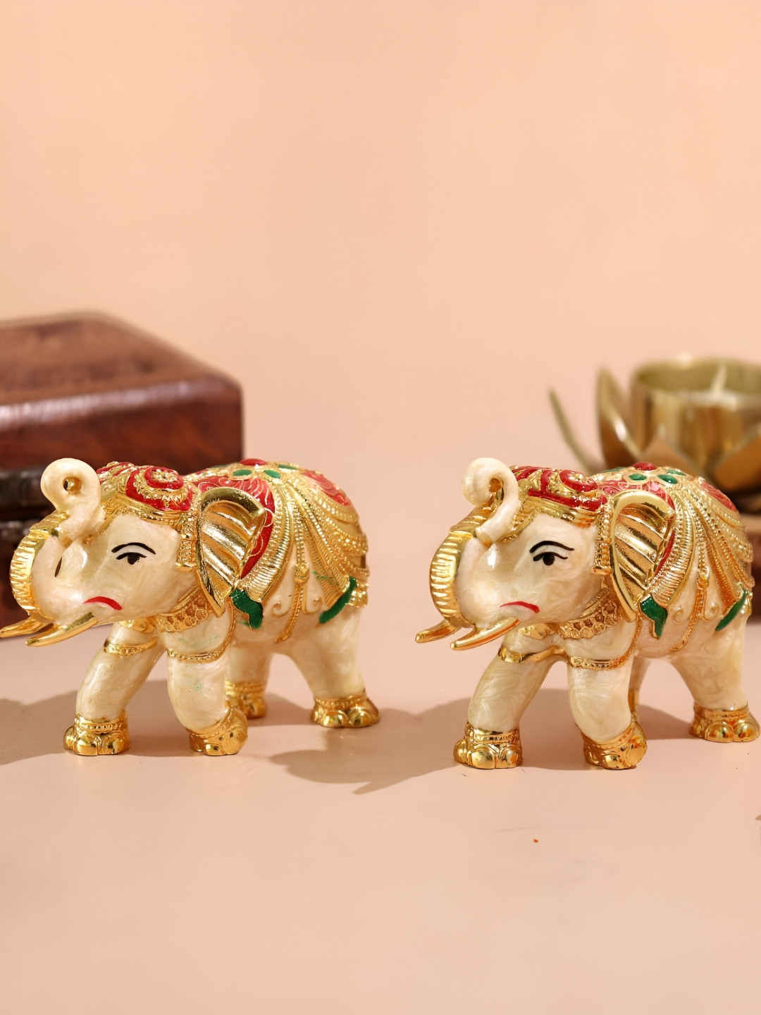 The Spiritual Living Meenakari Work Elephant Gold Stone Matte Living Room Set of 2 Small Showpieces -