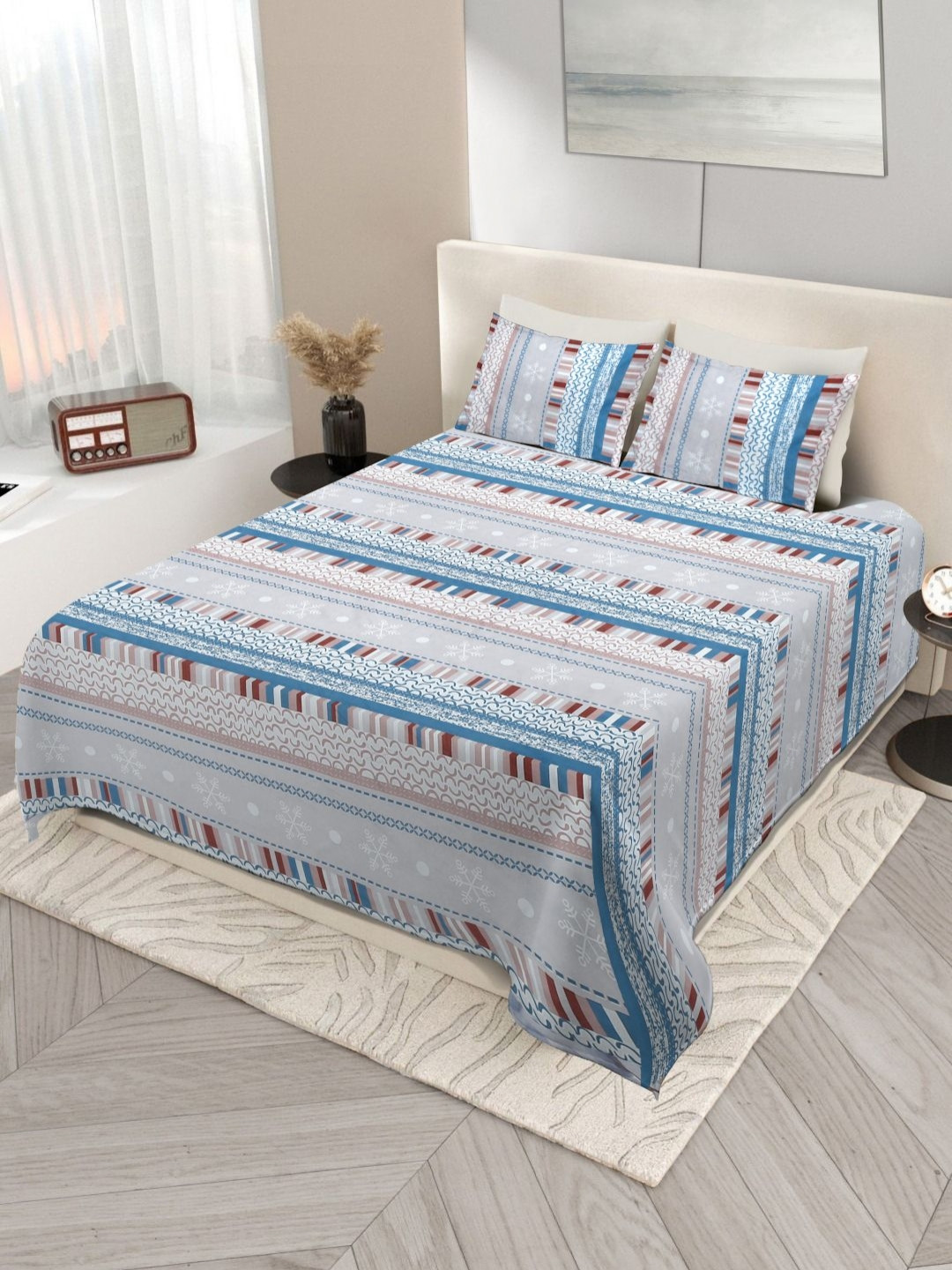 Nivasam Pindrop Grey Geometric Polycotton Breathable 200 TC King Fine Bedsheet with 2 Pillow Covers-90 x 100 inches