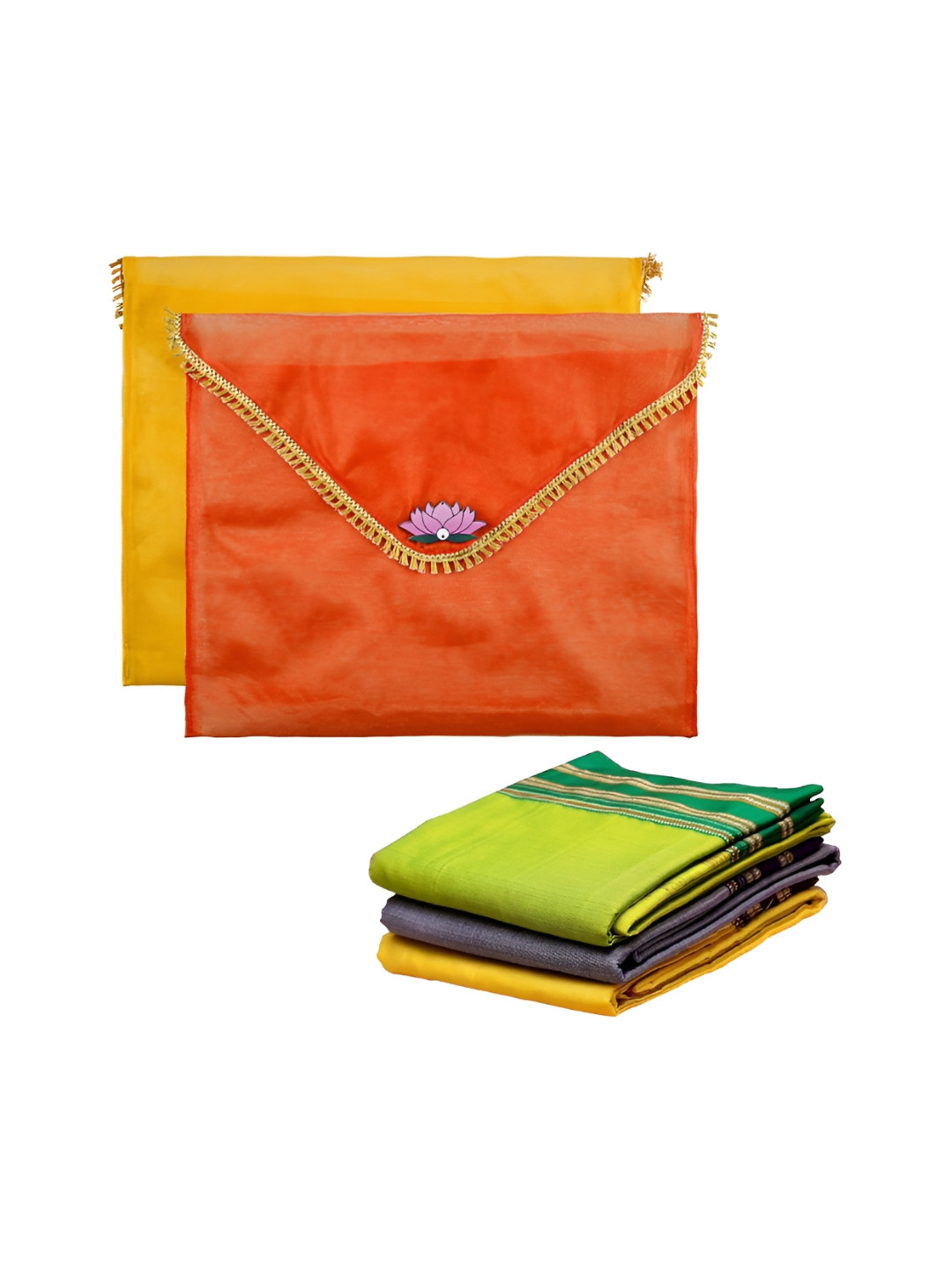 Aura Orange Colored & Yellow 2 Pieces Organza Saree Covers with Flap Closure
