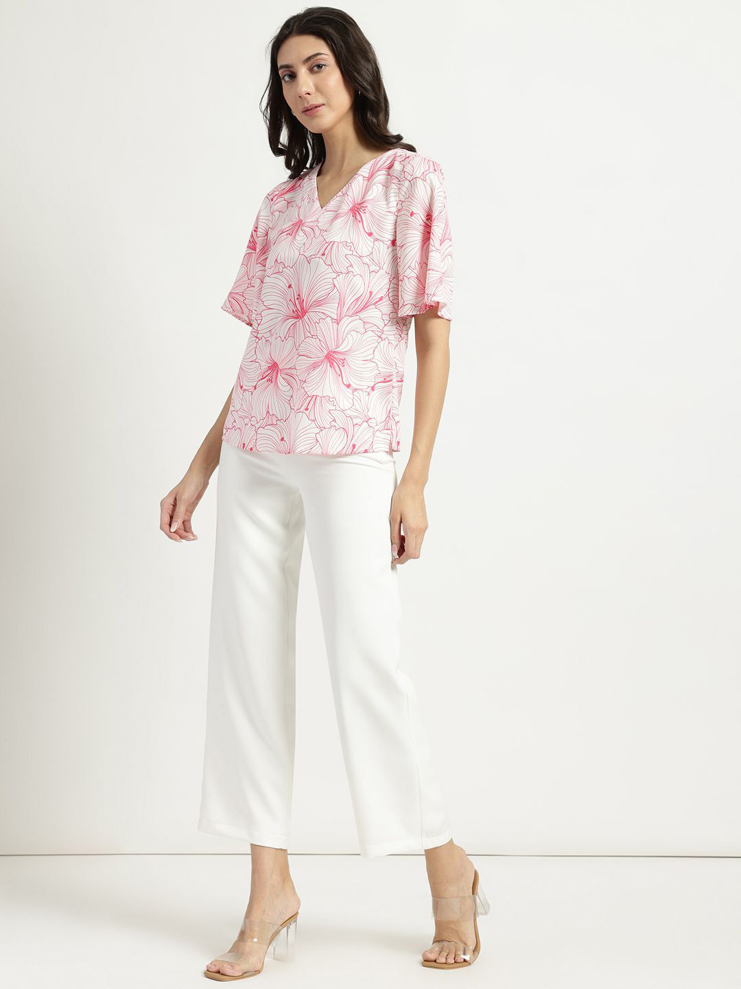 FableStreet Floral Printed Flared Sleeve Pink Top