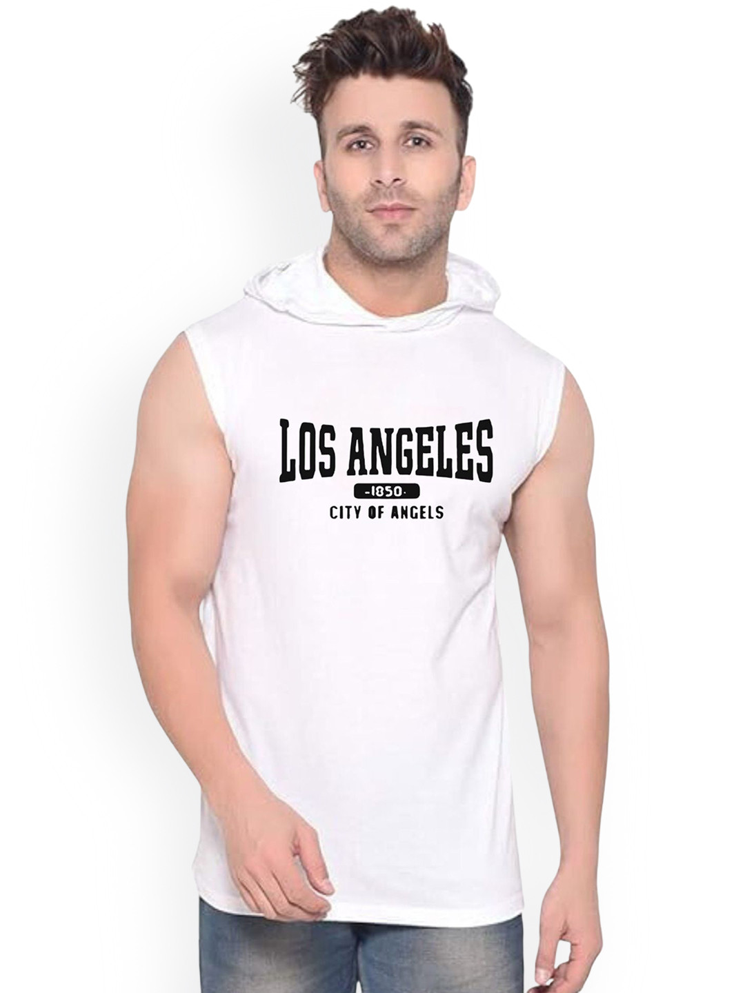 FABSTIEVE Los Angeles Printed Cotton Hodded Gym Vest vk t-050_Print-165_gym_vest White M
