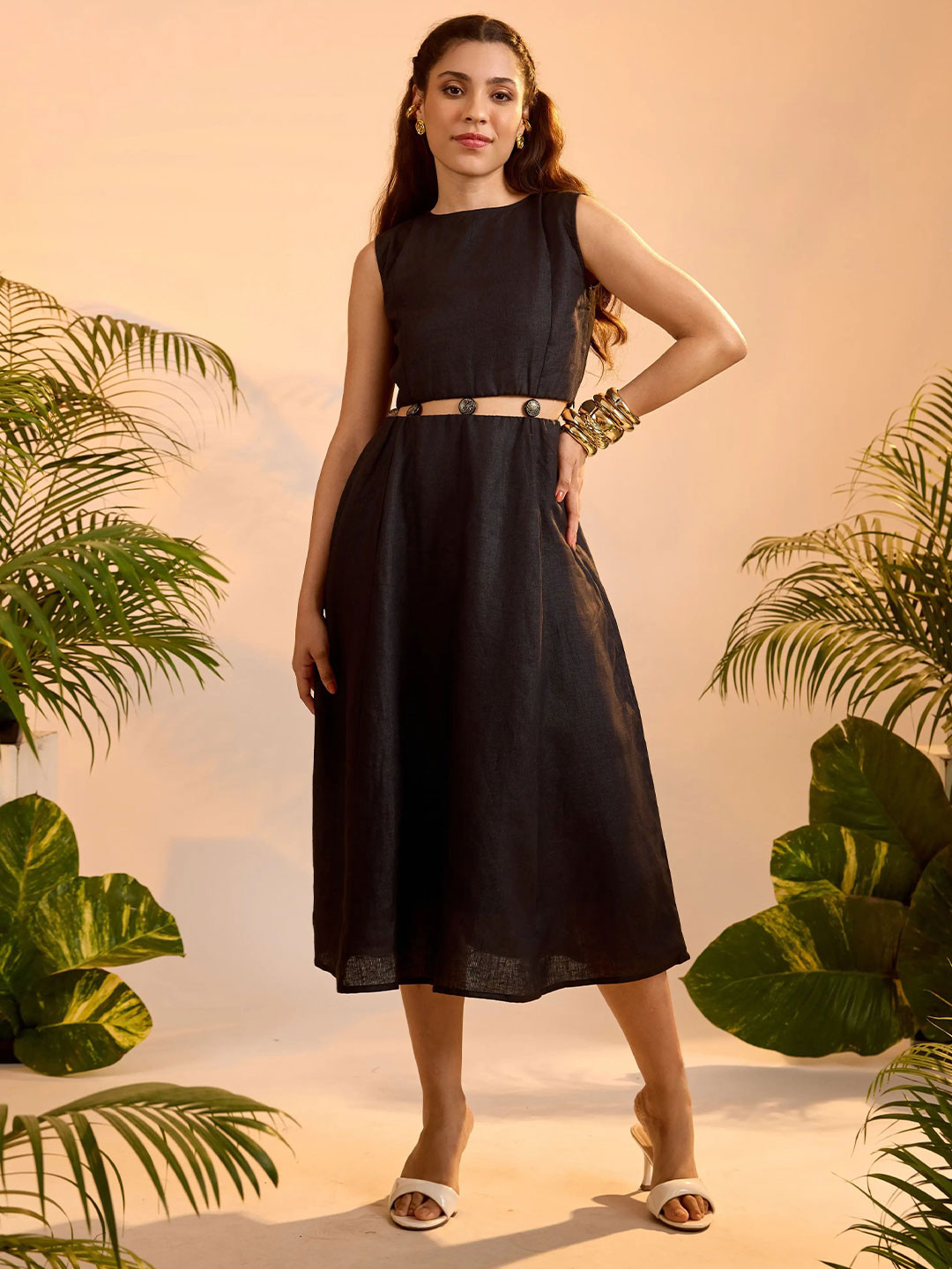 dhaaga Linen Sleeveless Fit & Flare Midi Dress