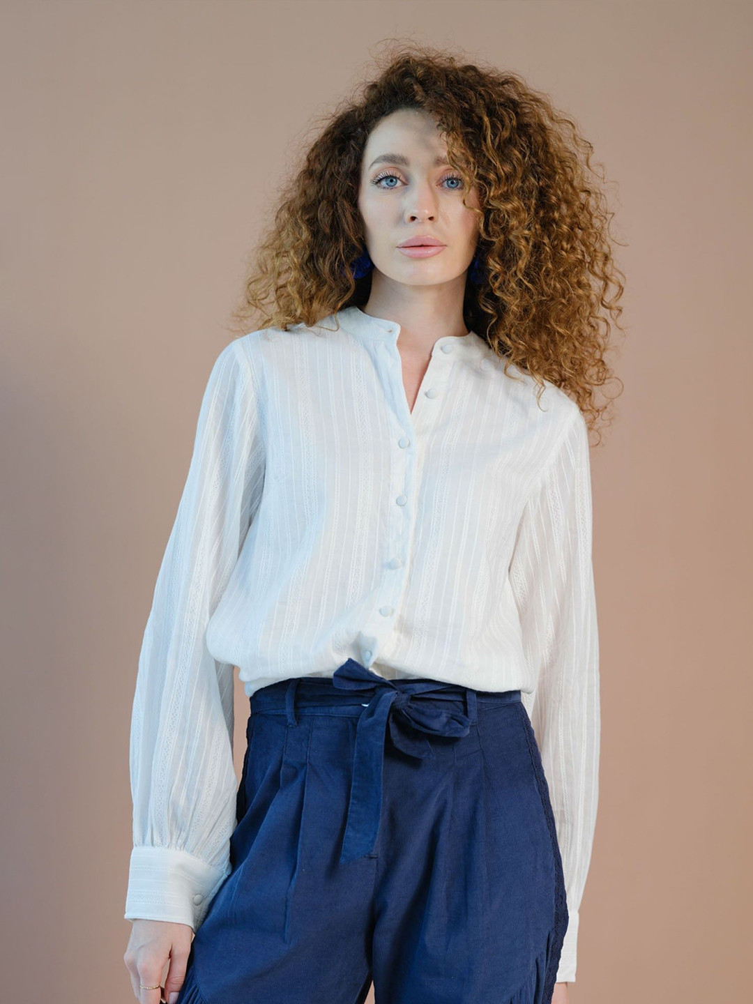 Virgio Pure Cotton Balloon Sleeve Button Down Top