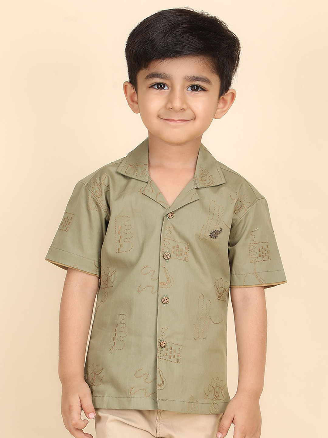 Polka Tots Boys Conversational Solid Cuban Collar Cotton Casual Shirt