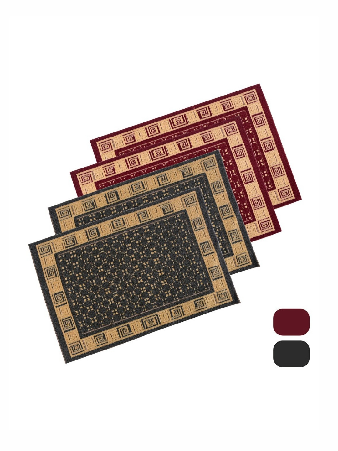 Aura 4-Pcs Grey & Maroon Cross Tee-Printed Anti-Skid Doormat