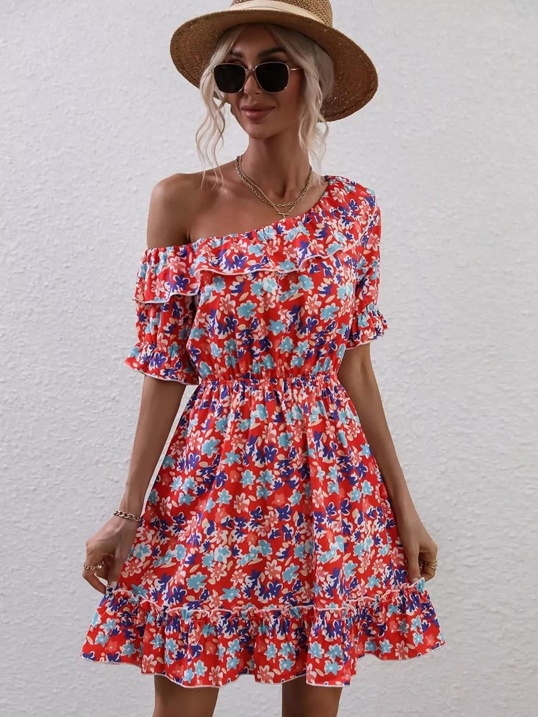 Floral Print Off-Shoulder Knee Length Dress