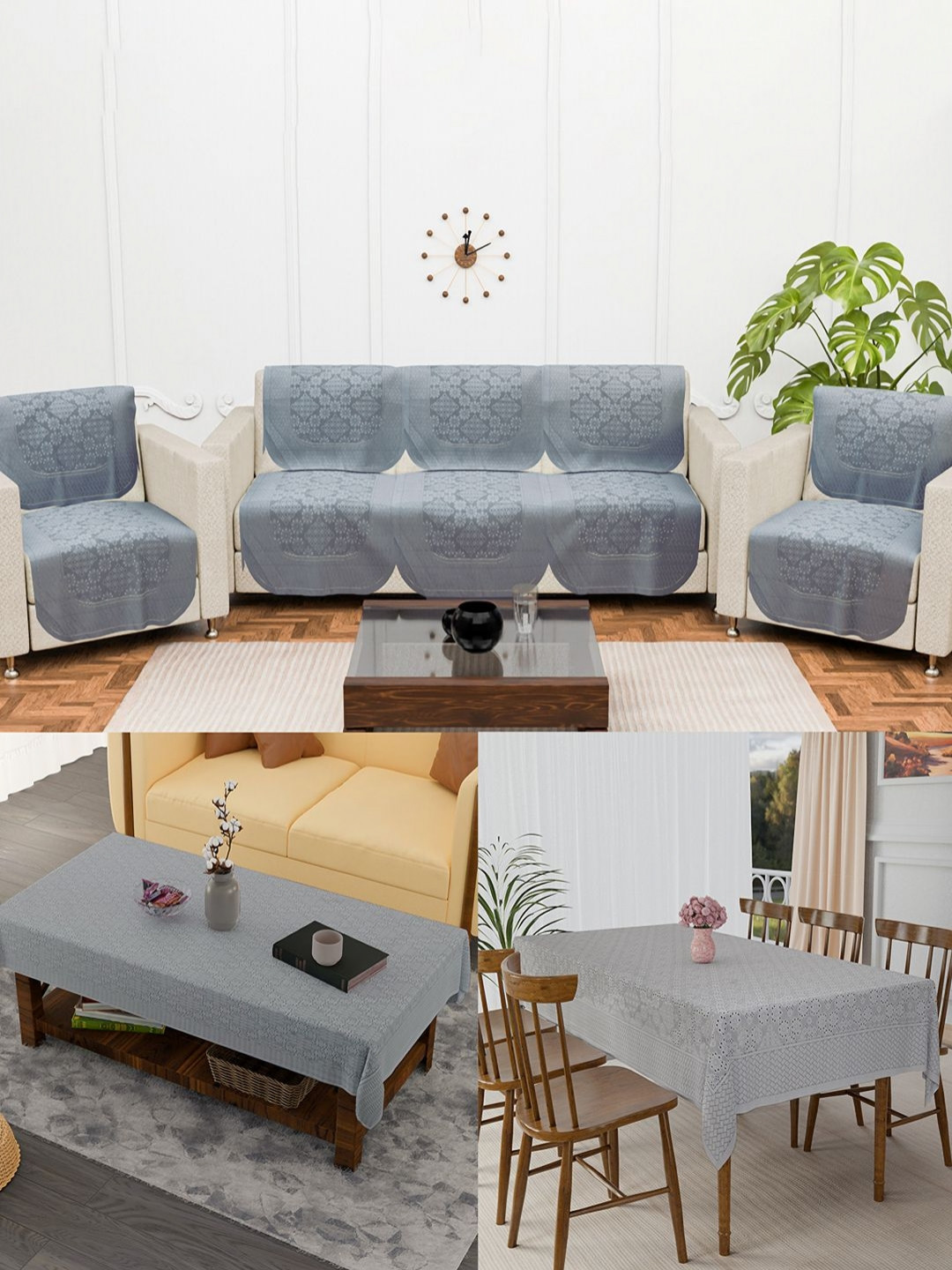 Aura Grey & White Combo 12 Pcs Set 5 Seater Sofa Cover With 4 & 6 Seater Table Cover Set