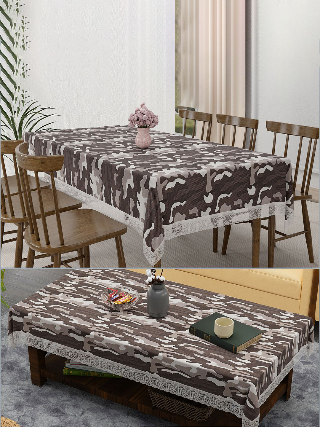 Kuber Industries PVC Table Cover Combo  Dining & Center Table Cover Camouflage - Brown