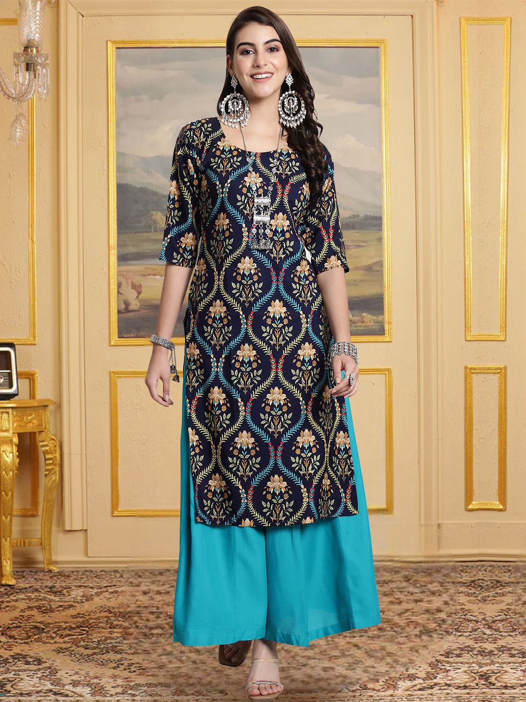 HERE&NOW Floral Printed Round Neck Straight Kurta