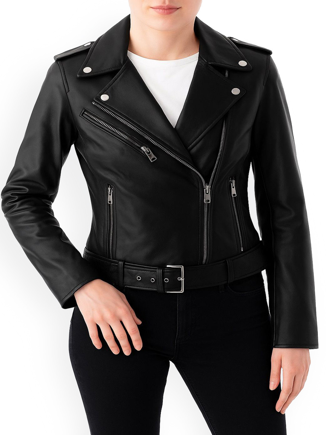 NOORA Lapel Collar Long Sleeves Leather Jacket