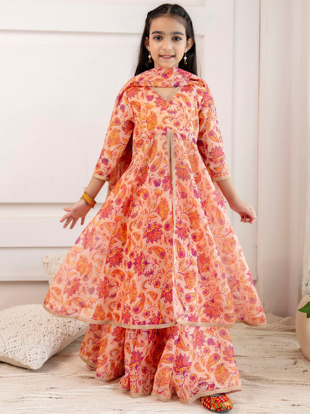 Sangria Girls Floral Printed Kurta & Skirt With Dupatta