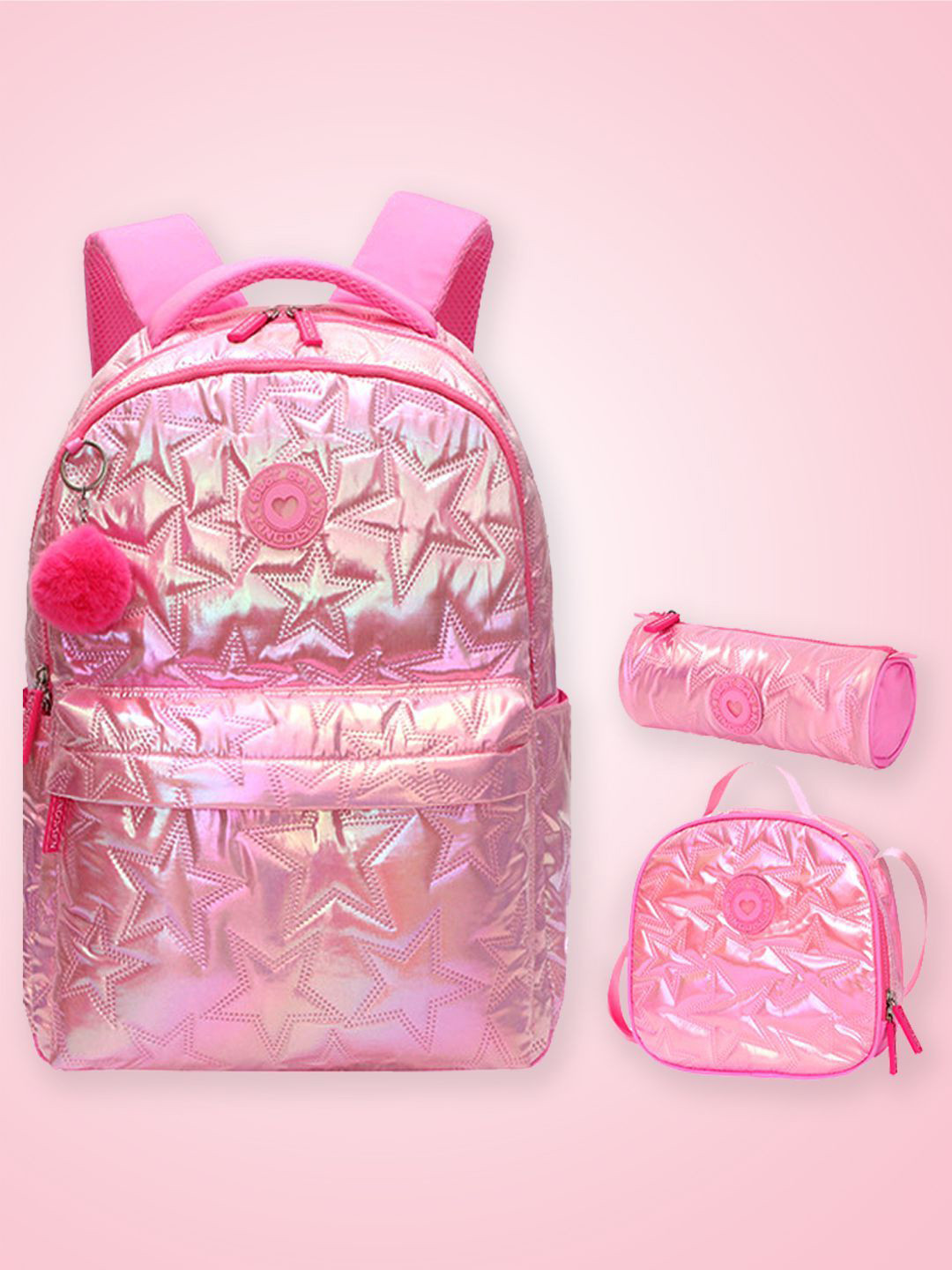 Little Surprise Box LLP Kids 3pcs Shiny Pink Star Matching Backpack