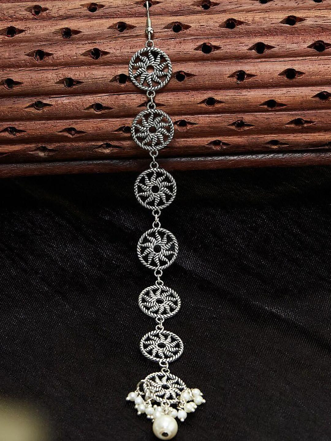 Sangria Silver-Plated German Silver Layered Chakra-Floral Shaped Beaded Maangtikka