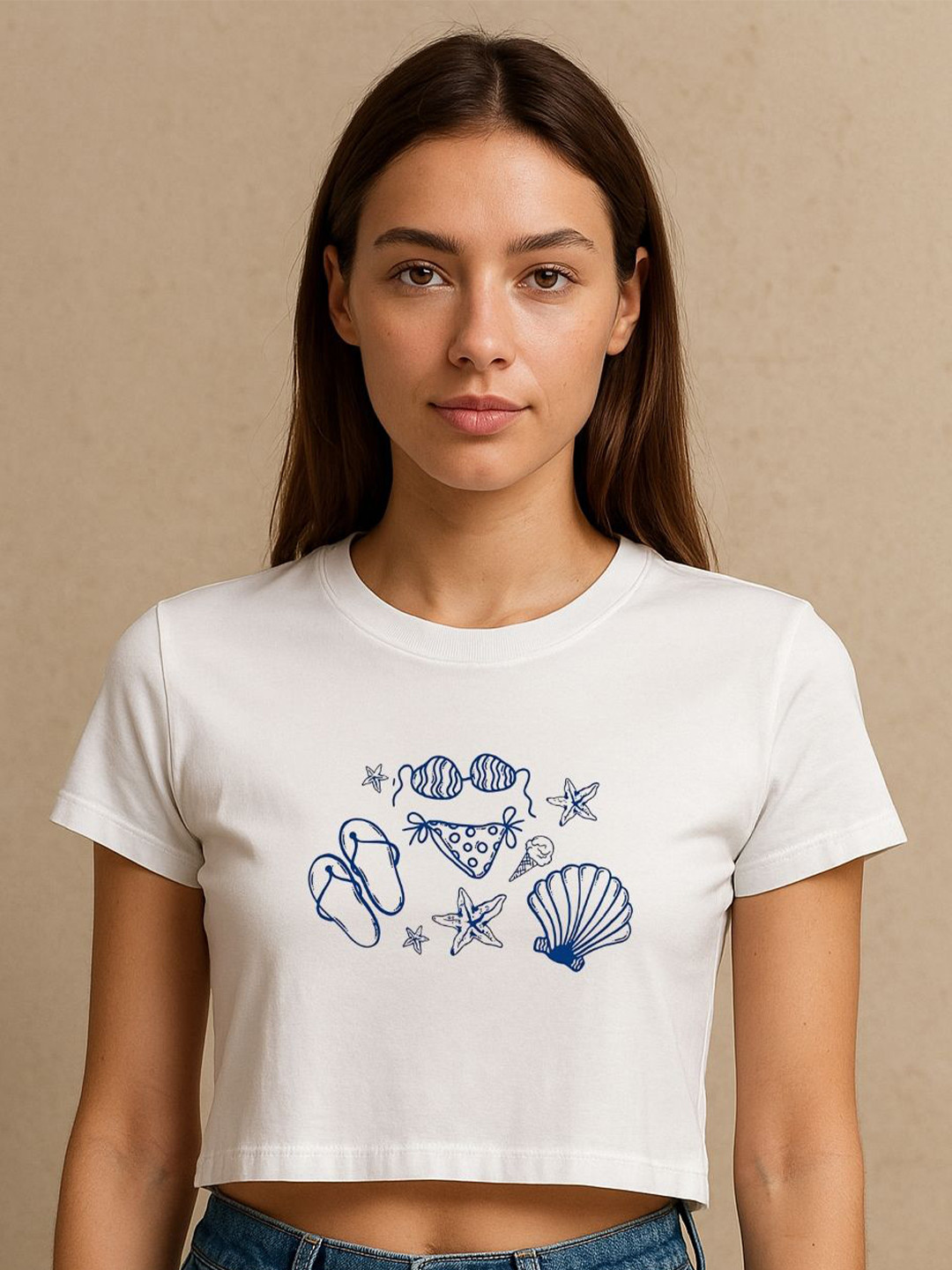 Art By Ritik Women Cotton Sea Shells Crop Tshirt