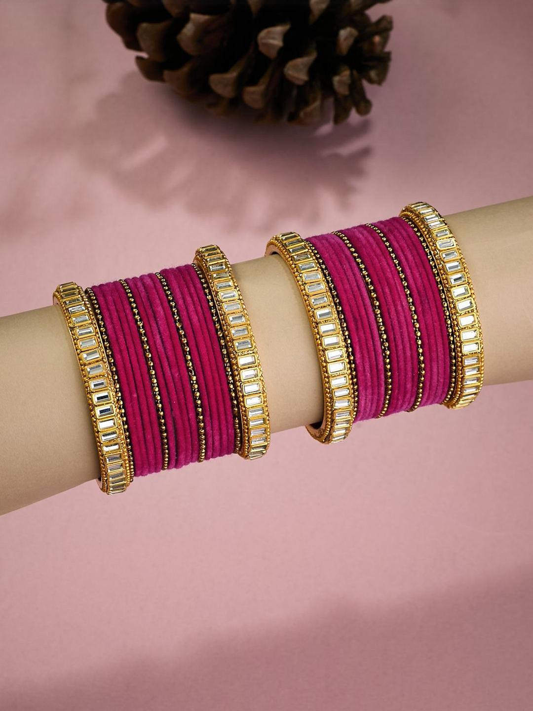 Anouk Set of 40 Gold Plated & Pink kundan stone studded-textured Bangles