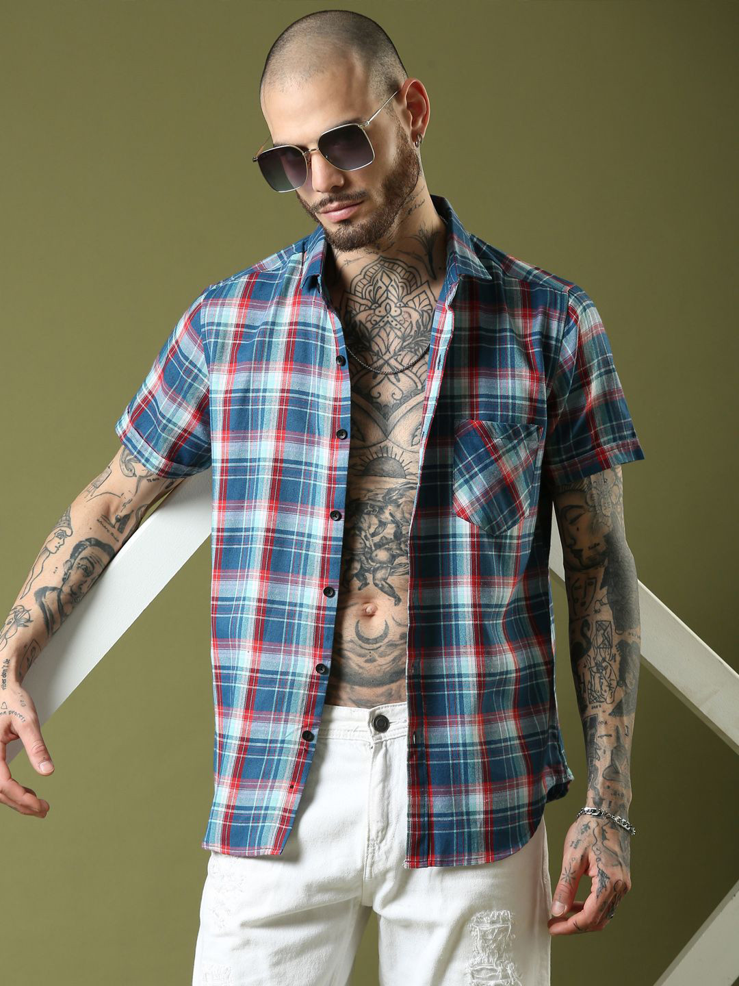 Voroxy Checked Spread Collar Standard Cotton Shirt