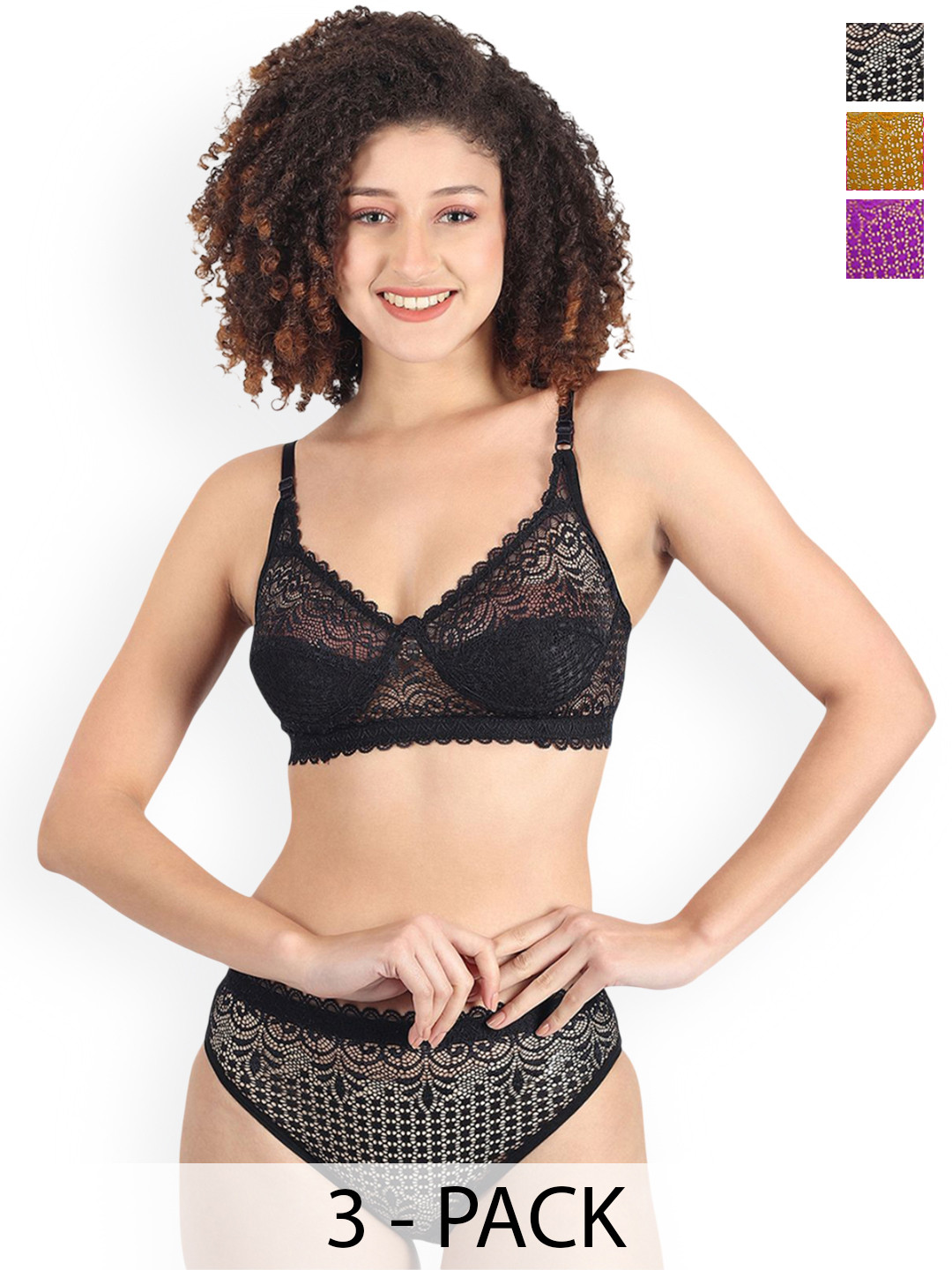 PIBU Pack Of 3 Non Padded Lingerie Sets A-Rain-Set_Bl,Pu,Y