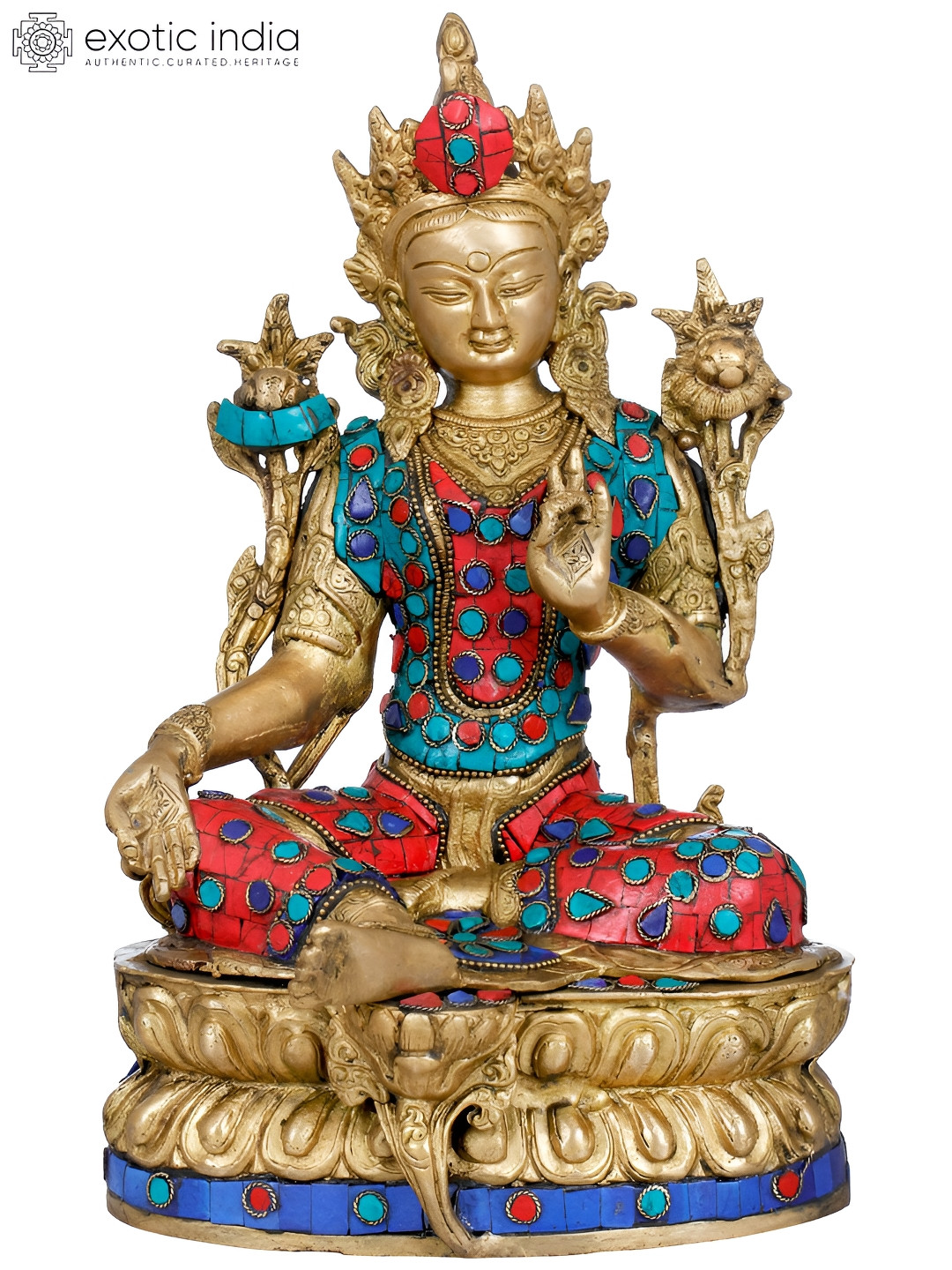 Exotic India Gold-Toned & Red Tibetan Buddhist Deity Tara Idol Showpiece