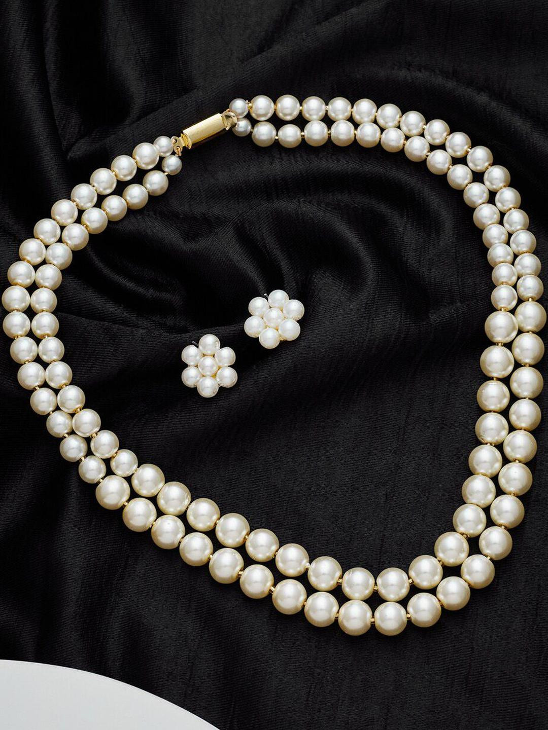 Anouk Gold Plated & White Pearl Stone Studded & Layered Fusion Jewellery Set