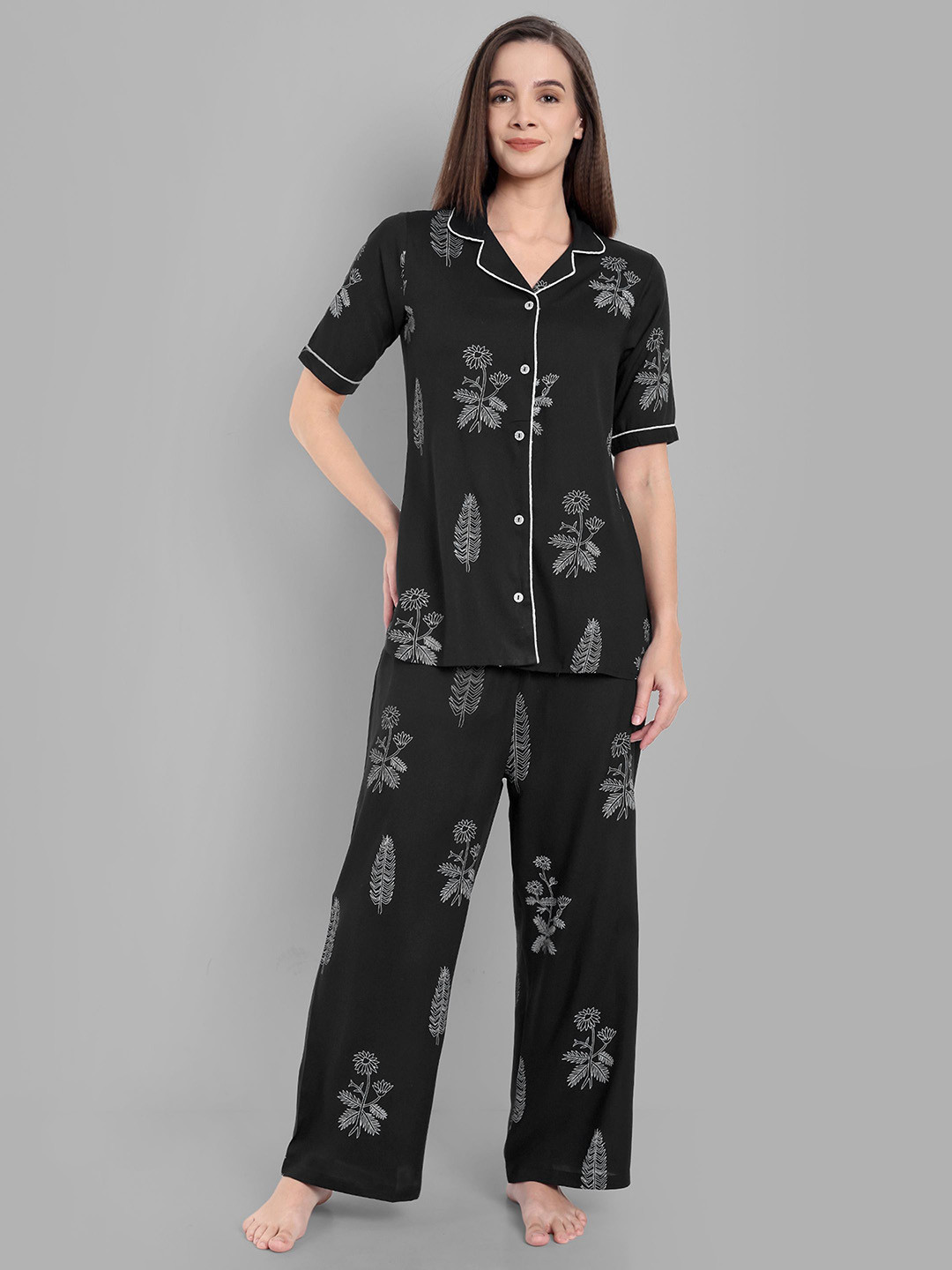 Pashet Printed Lapel Coller Pure Cotton Ultra Soft Night Suit