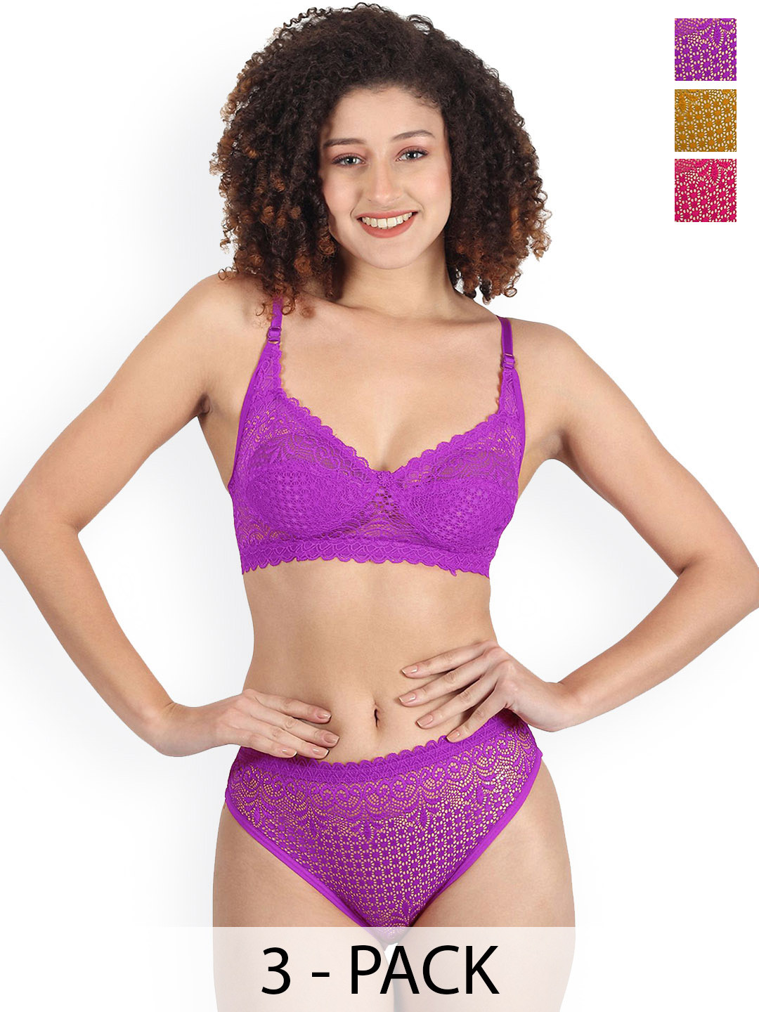 PIBU Pack Of 3 Non Padded Lingerie Sets B-Rain-Set_Pu,P,Y